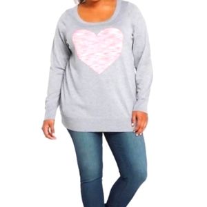 NWOT Never Worn Torrid Scoop Neck Gray Sweater w/ Pink Heart - Size 1 (18 equiv)